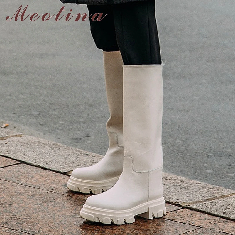 Meotina INS Genuine Leather Boots Women Knee High Boots Design Platform Riding Boots Thick Heel Ladies Boots Autumn Winter White