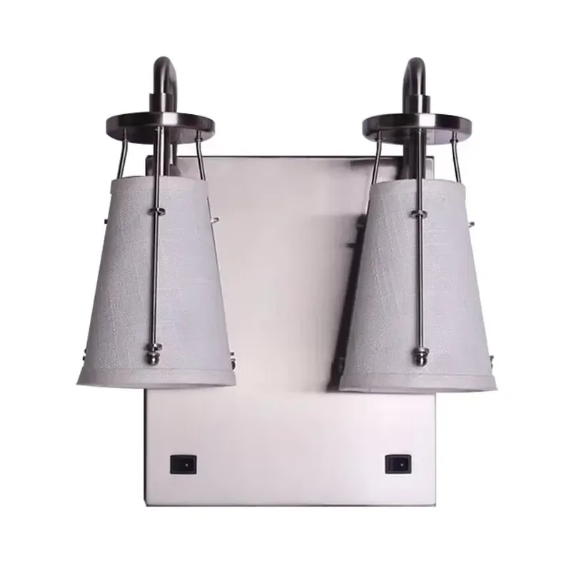 Modern Bedside Hotel Room Lighting for Hotel Lamp Shades Satin Nickel Metal Bracket White Linen Fabric Shade Hotel Wall