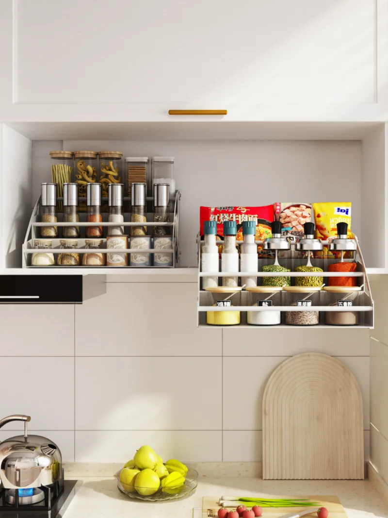 Kitchen Cabinet Hanging Cabinet Lifting Pull Basket Pull Basket Seasoning Seasoning Basket Seasoning Storage Rack Three Layers