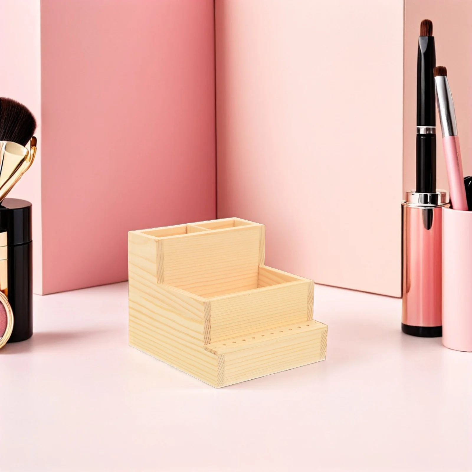 2 قطعة علبة لقمة مثقاب الأظافر أدوات مانيكير خشبية صندوق منظم تخزين بطبقة مزدوجة لرؤوس التلميع ملحقات عرض سطح المكتب #4