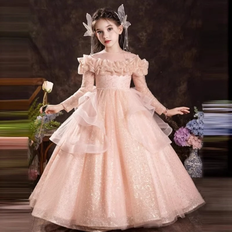 2026 Kids Girl sFormal Princess Gown Long Sleeve Host Piano Elegant Dresses Costume Dress Flower Girl Wedding Children Birthday