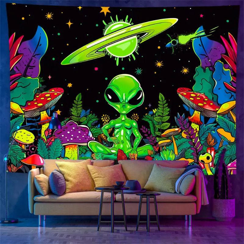 VIKAMA Green Alien Mushroom Tapestry Wall Hanging Glowing Fungi Starry Planets Trippy Psychedelic Indie Aesthetic Wall Art Decor