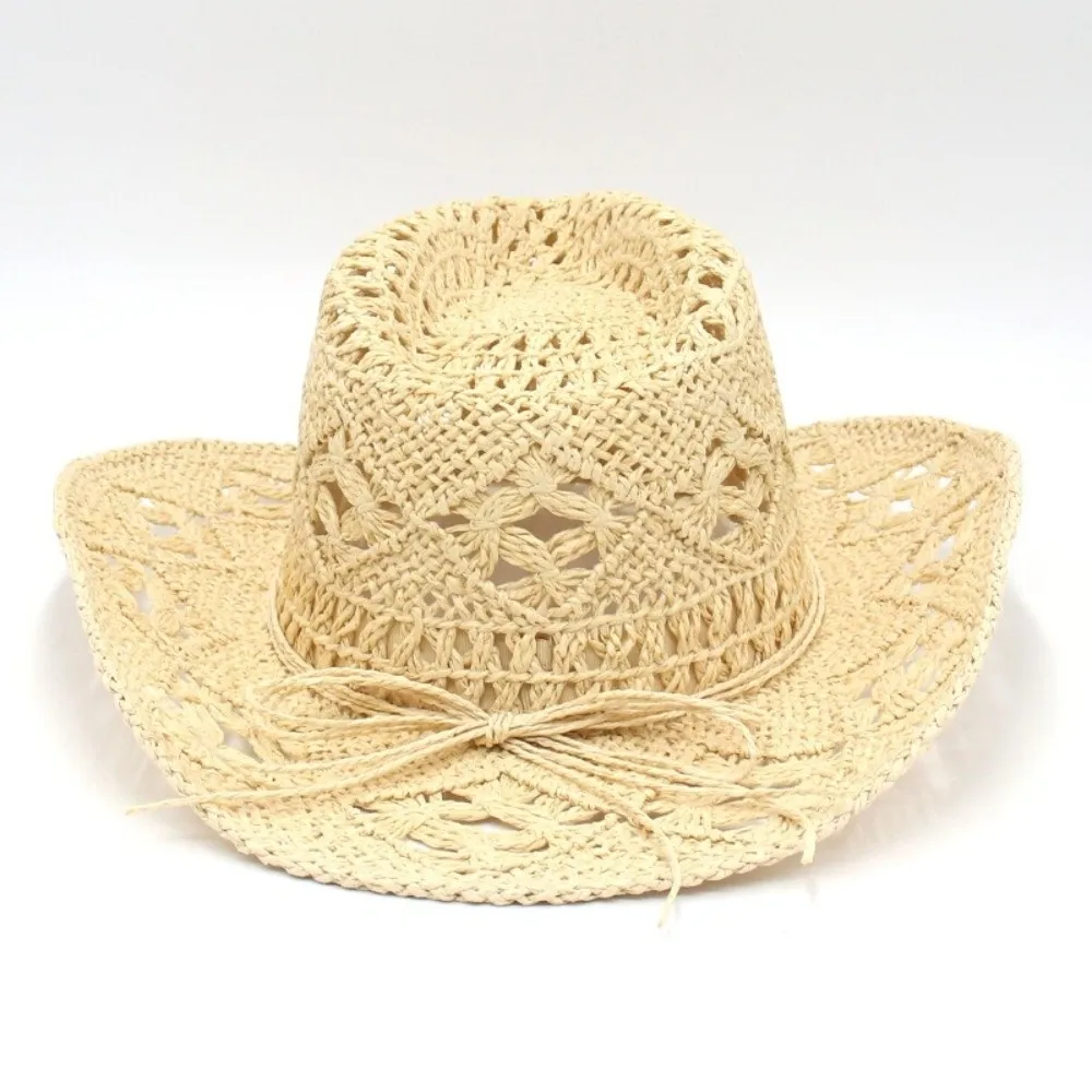 Unisex Hollow Out Bohemian Straw Hat Wide Brim Shell Decoration Beach Hat Vintage Style Foldable Sun Cowboy Hat Holiday