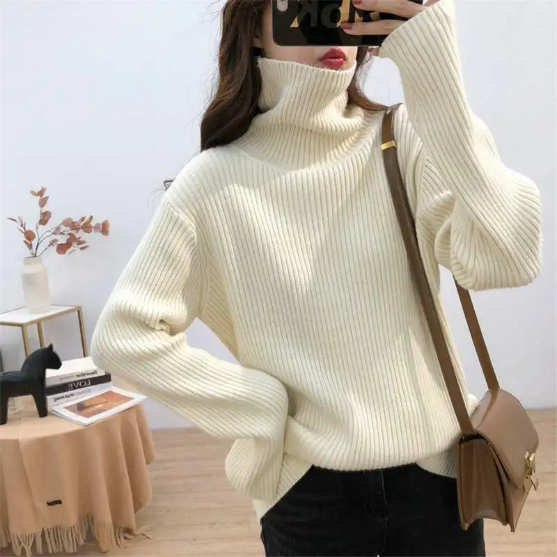 

2025 Women Turtleneck Sweaters Autumn Winter Loose Pullover Women Basic Tops Casual Thick Soft Knit Sweater Soft Warm