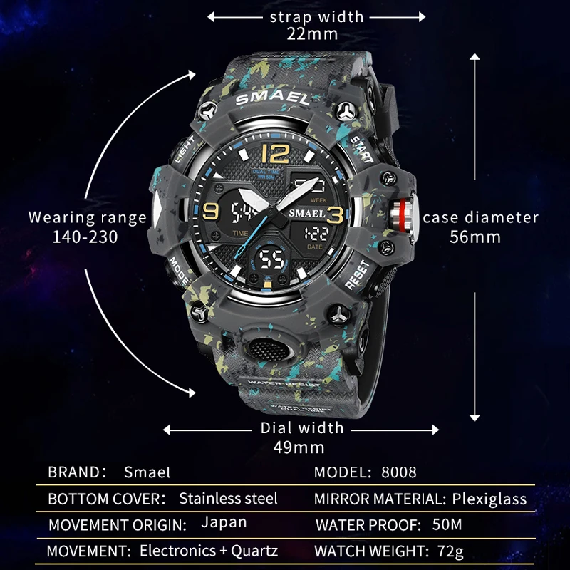 SMAEL Male Sport Military Watches Camouflage Style Waterproof Clock Alarm Stopwatch Quartz Dual Time Display Wristwatch for Men