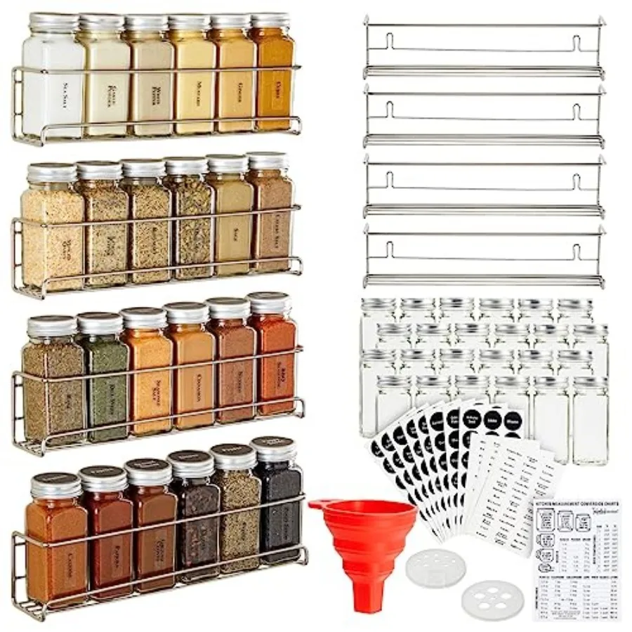 

Spice Rack Organizer - 4 Stainless Steel Wall-Mounted Racks - 24 4 oz Glass Jars and 269 Preprinted Labels, Chrome - Kitchen an