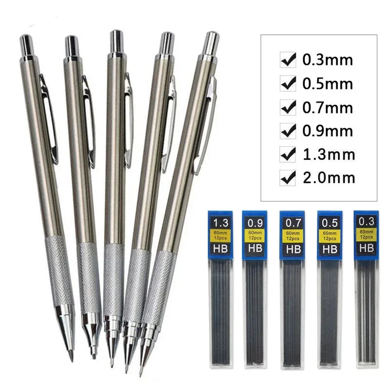 Metal Mechanical Pencil 0.3/0.5/0.7/0.9/1.3/2.0mm Drawing Automatic HB Pencil Set with Leads Office School Writing Art Supplies