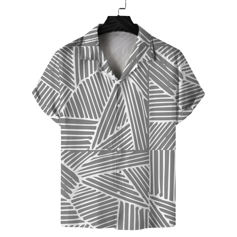 Mens Shirt Digital Printed Striped Flip Collar Thin Short Sleeved Shirt