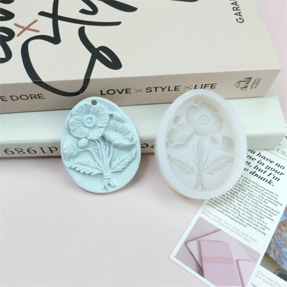 Oval Shape Silicone Flower Mold Rectangle Shape Handmade Relief Gypsum Tagging Mold 3D Rose Flower Leaf Relief Resin Mould