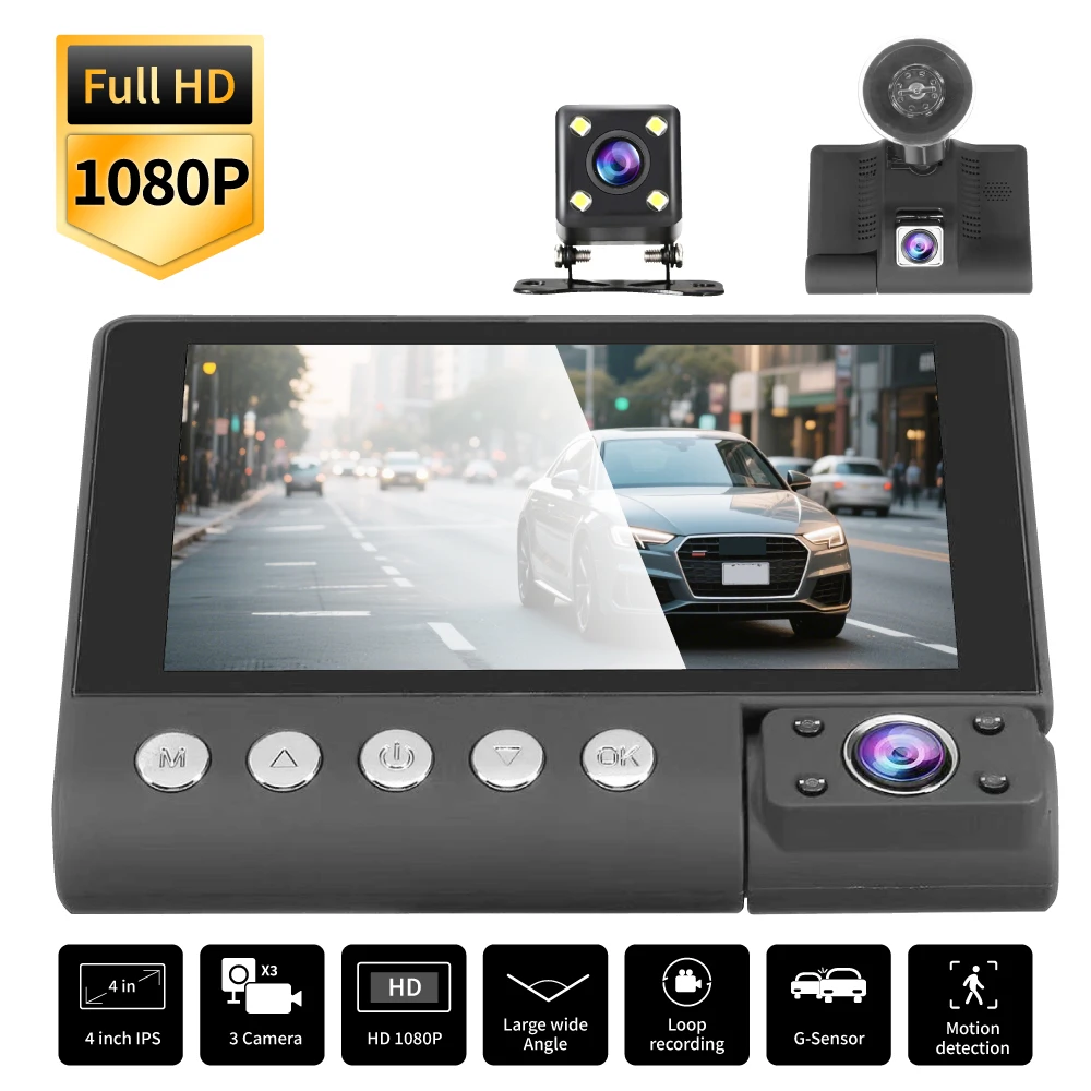 

3Lens FHD 1080P Dashcam Car DVR Touch Camera Night Vision Loop Recording Front Inside Rear 3waysVehicle Accessories
