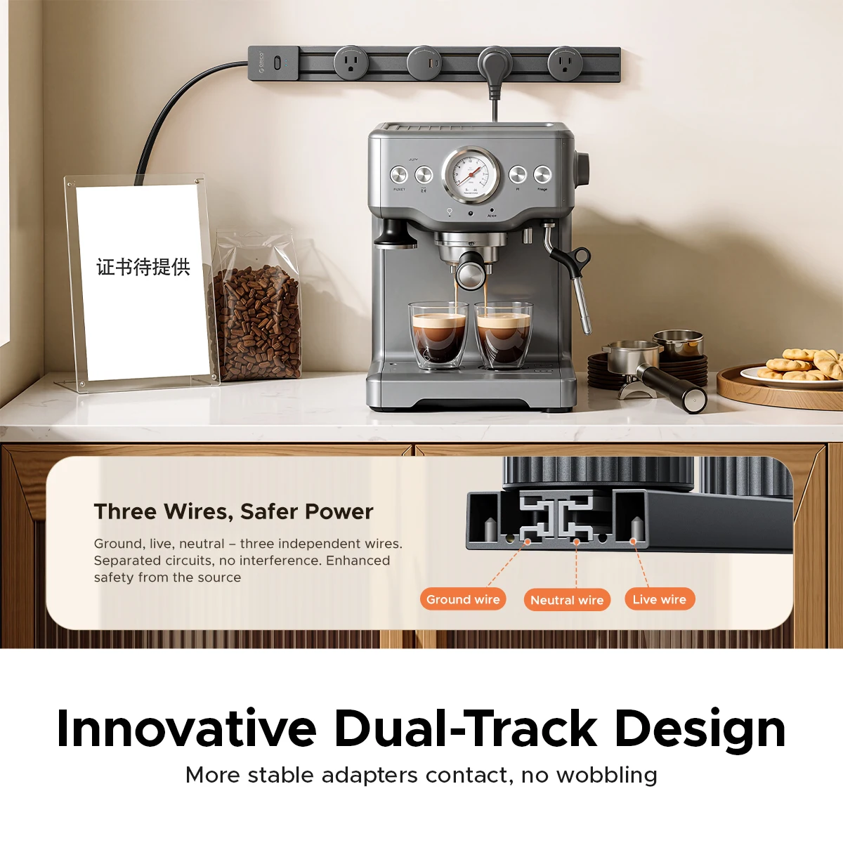 ORICO PD 20W US Power Strip Track Socket with Surge Protector | Track Outlet with Removable 3 AC Outlet Adapters 1875W & 1 USB-C 5 FT Flat Plug Extension Cord for Home Office Kitchen