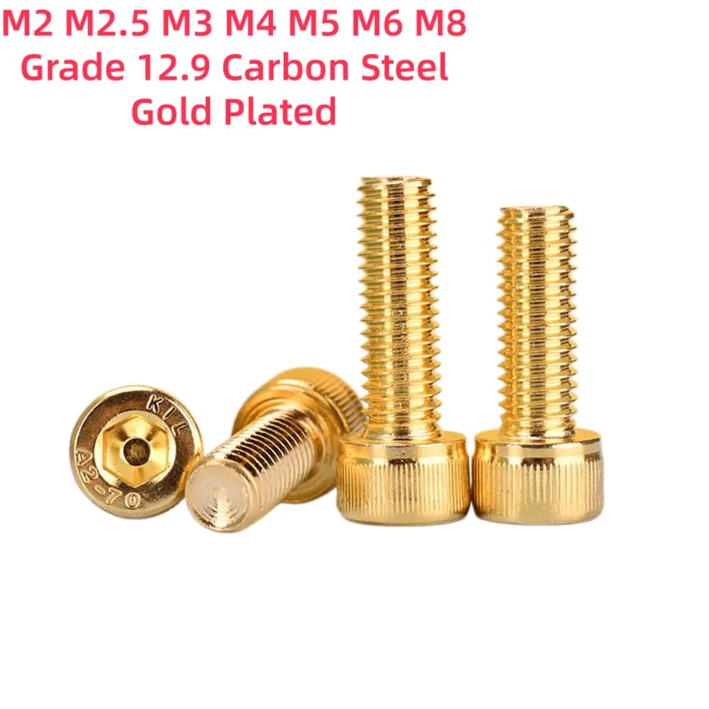 2‑20Pcs Grade 12.9 Gold Plated Hex Socket Cap Allen Screws,M2‑M8 4‑50mm Carbon Steel Bolts for Machinery DIY Repair Fastening