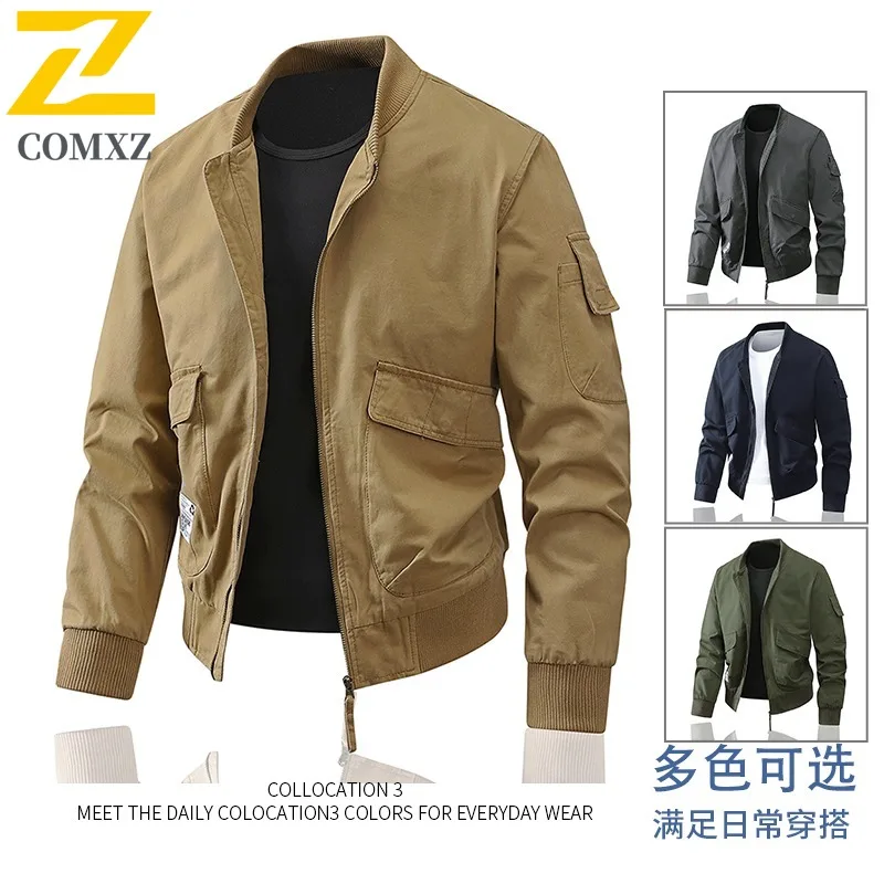 

COMXZ 100% чистый хлопок, мужская куртка с воротником-стойкой, новинка 2025, высокое качество, новое пальто, мужское пальто с карманом на молнии, уличная куртка, рабочая одежда