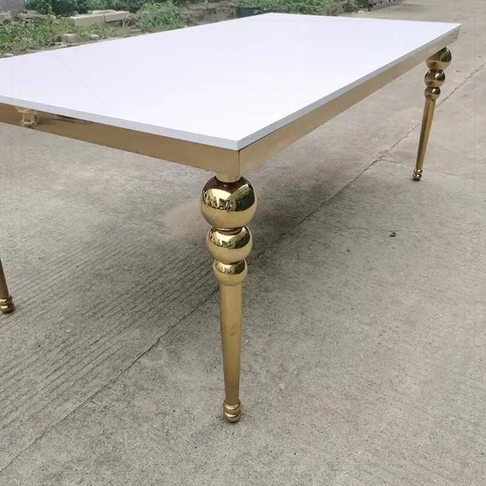 FSDKX Luxury Design Mirror Glass Top Rectangle Event Table Wedding Furniture Gold Stainless Steel Event Hotel Dining Table Sets
