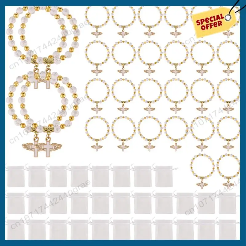 -A15I 천사 날개 크로스 팔찌 오간자 가방 아크릴 세례 호의 소년과 소녀 친교 생일 결혼식