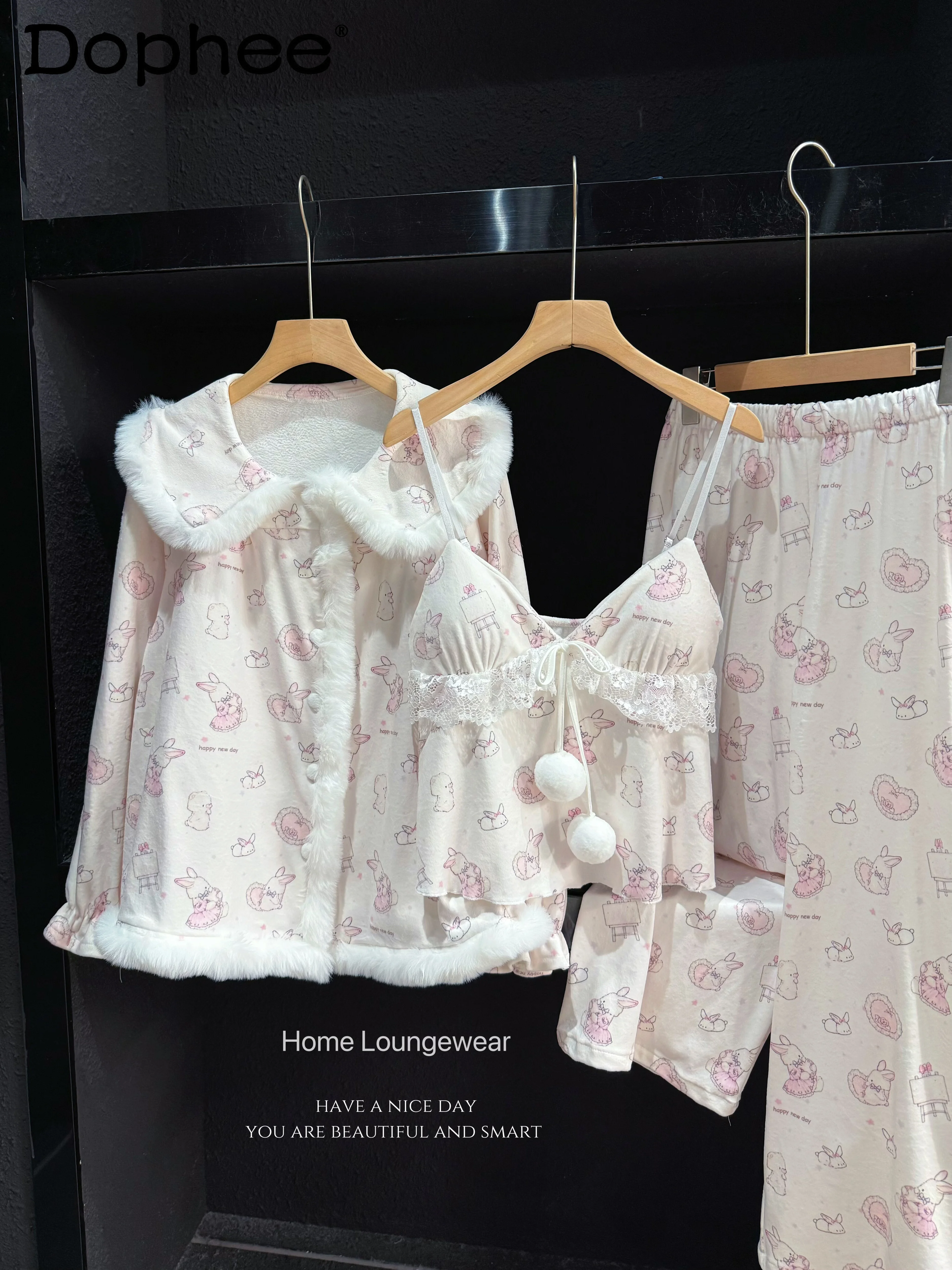 

2025 New Women's Pajamas Japanese Style Ins Autumn Winter Sweet Thin Velvet Thickened Sexy Wearable Homewear Set