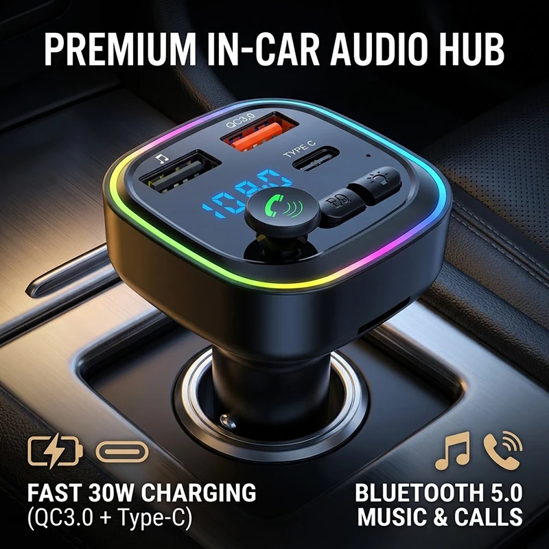 

Dual USB QC3.0 Fast Charger Car Bluetooth FM Transmitter With RGB Colorful Light, Type-C Port Wireless Hands-Free MP3 Player