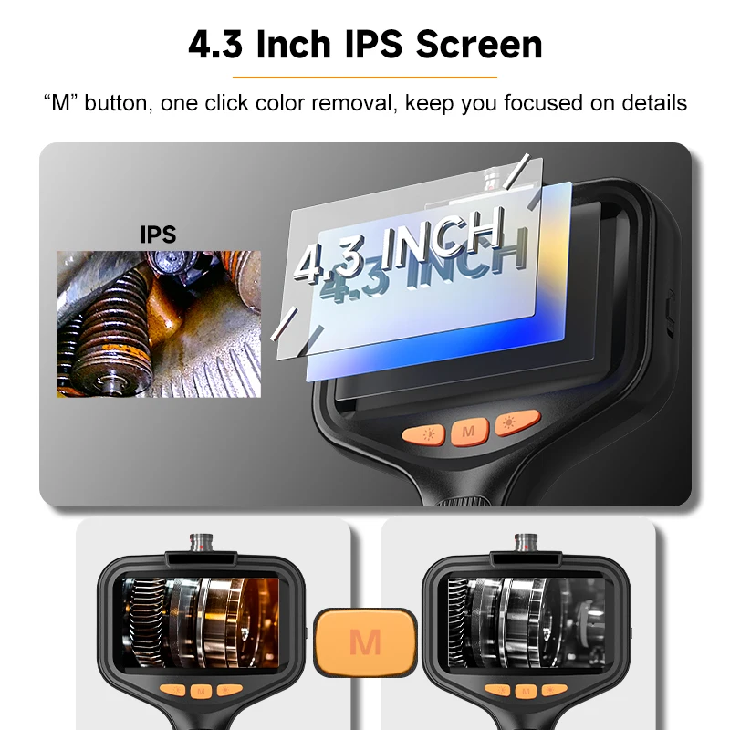 4.3'' Industrial Endoscope Dual Lens 2-100m Rigid Cable Hand-held IP67 Borescope Inspection Camera Detachable Design 1080P 8mm