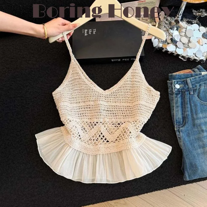

Boring Honey Women Fashion New Summer Beach Vacation Hollow Out Camisole Patchwork Strap Top Casual Sleeveless Vest Holiday Tops
