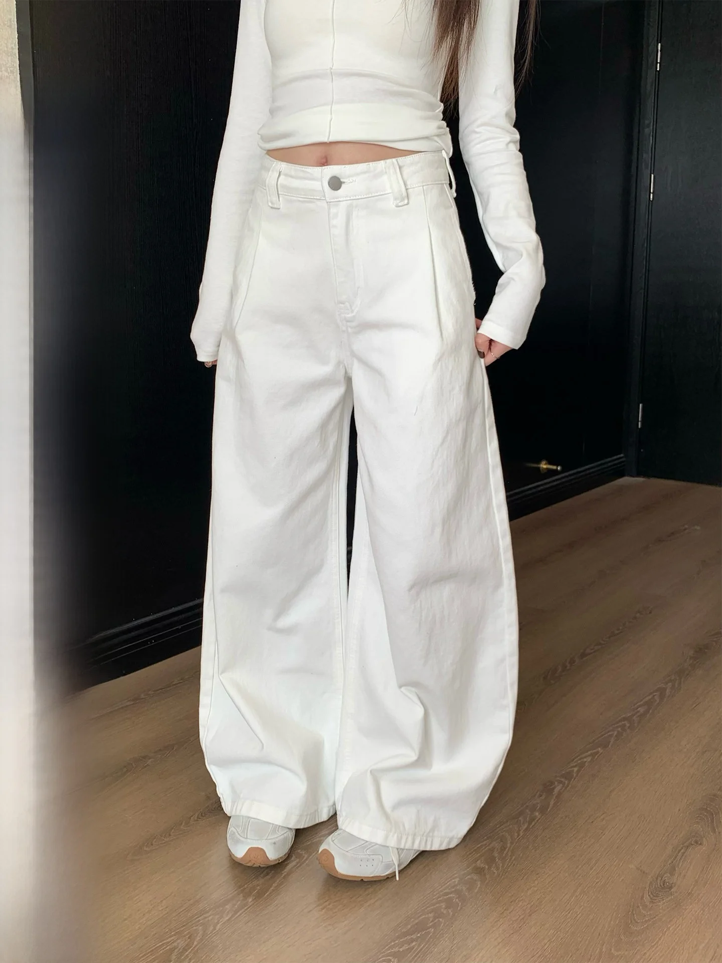 

Spring White Wide Leg Women's Jeans High Waist Straight Long Pants Knife Floor Length Loose Fit Casual Cotton Denim