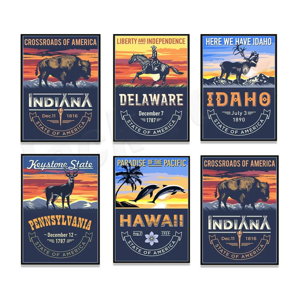 USA Indiana, New Hampshire, Alabama, Pennsylvania, Kansas, Wyoming, New Mexico, Hawaii, Tennessee retro travel states posters