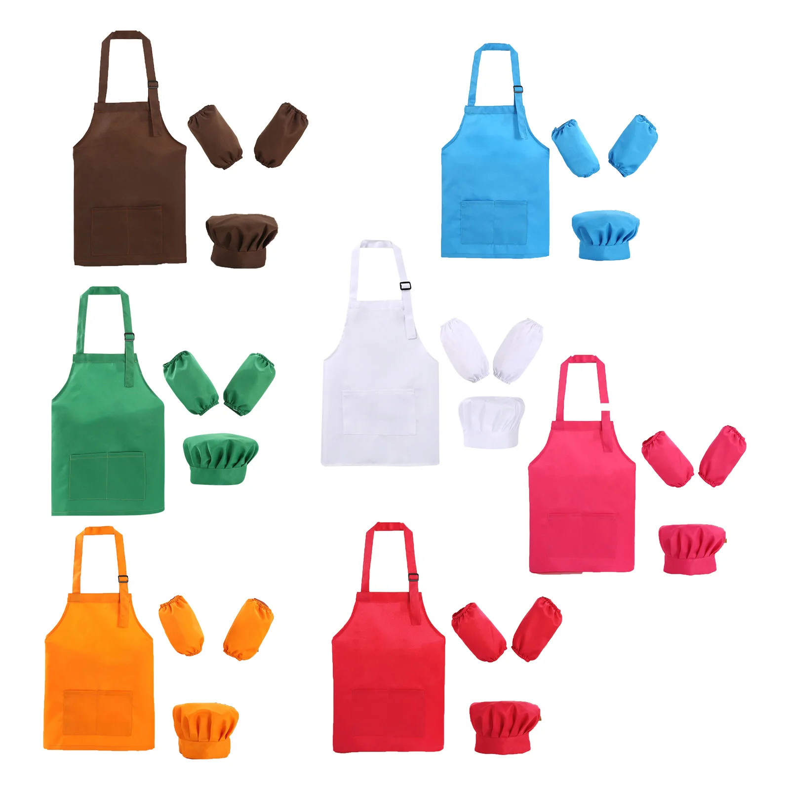 Toddler Kids Boys Girls Waterproof Art Painting Apron Solid Color Pocket Aprons with Hat Oversleeves for Painter Drawing Cooking