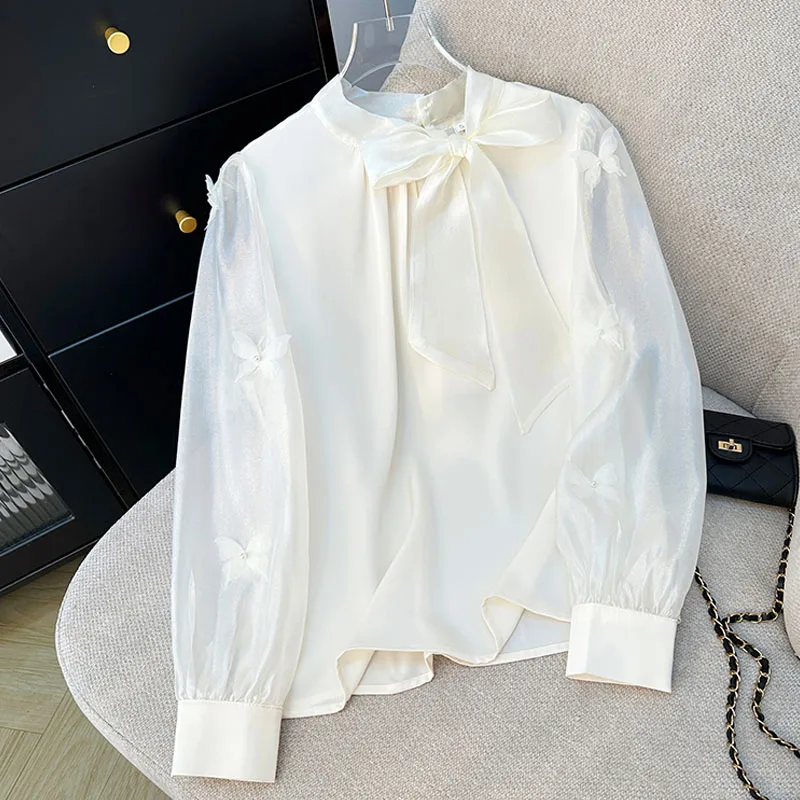

Women Blouse Shirt New Long Sleeve Stand Collar Elegant Solid Bow Blouse Shirt Women Tops Blouses Shirts Blusa Camisas 2025 Q511