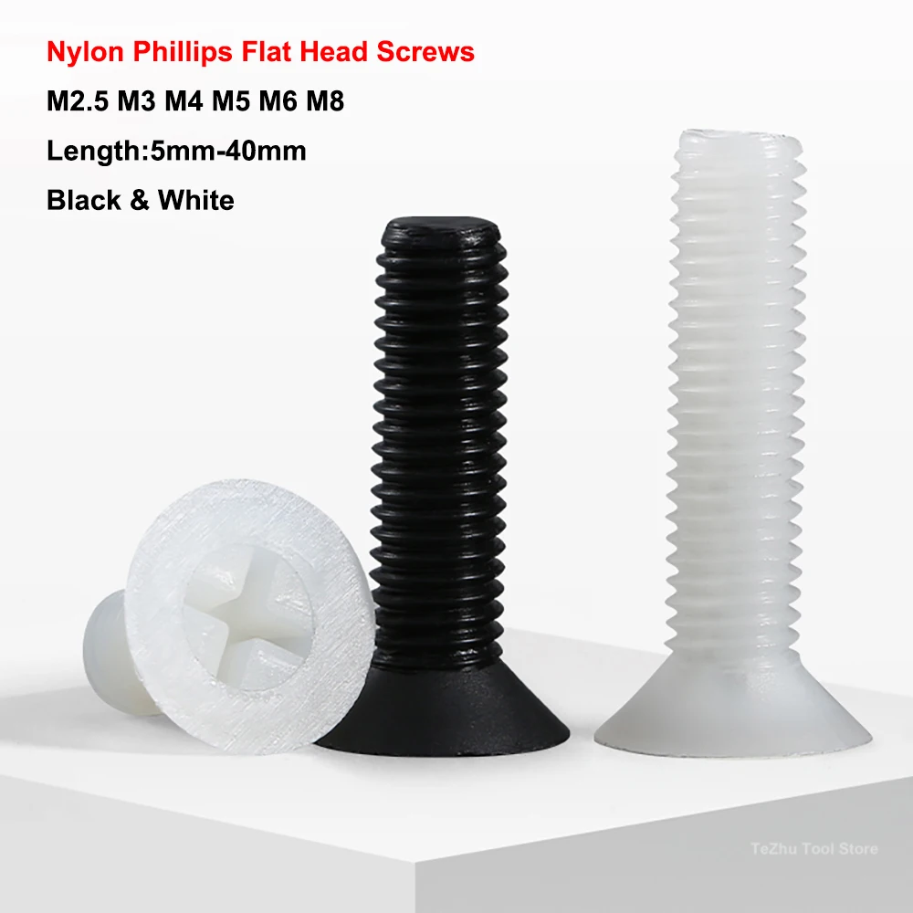 

M2.5 M3 M4 M5 M6 M8 Black White Nylon Countersunk Head Screws Plastic Phillips Flat Machine Screw Length 5mm-40mm