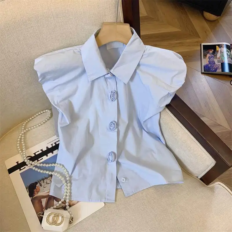 

Elegant Blue Neck Shirt Women's Summer Fashion Korean Style Loose Fit Long Sleeve Fly Sleeve Rose Design Top