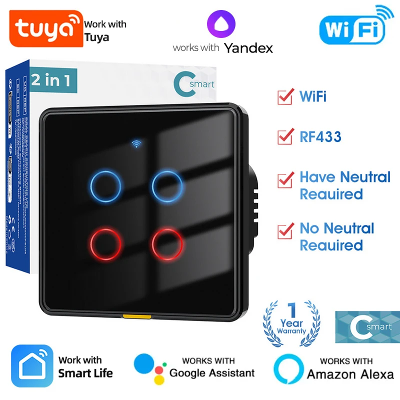 Tuya Smart Home Touch Switch No Neutral Wire Wireless WiFi RF433 EU Wall Light 110-240V Timing Voice App For Alexa, Google Home