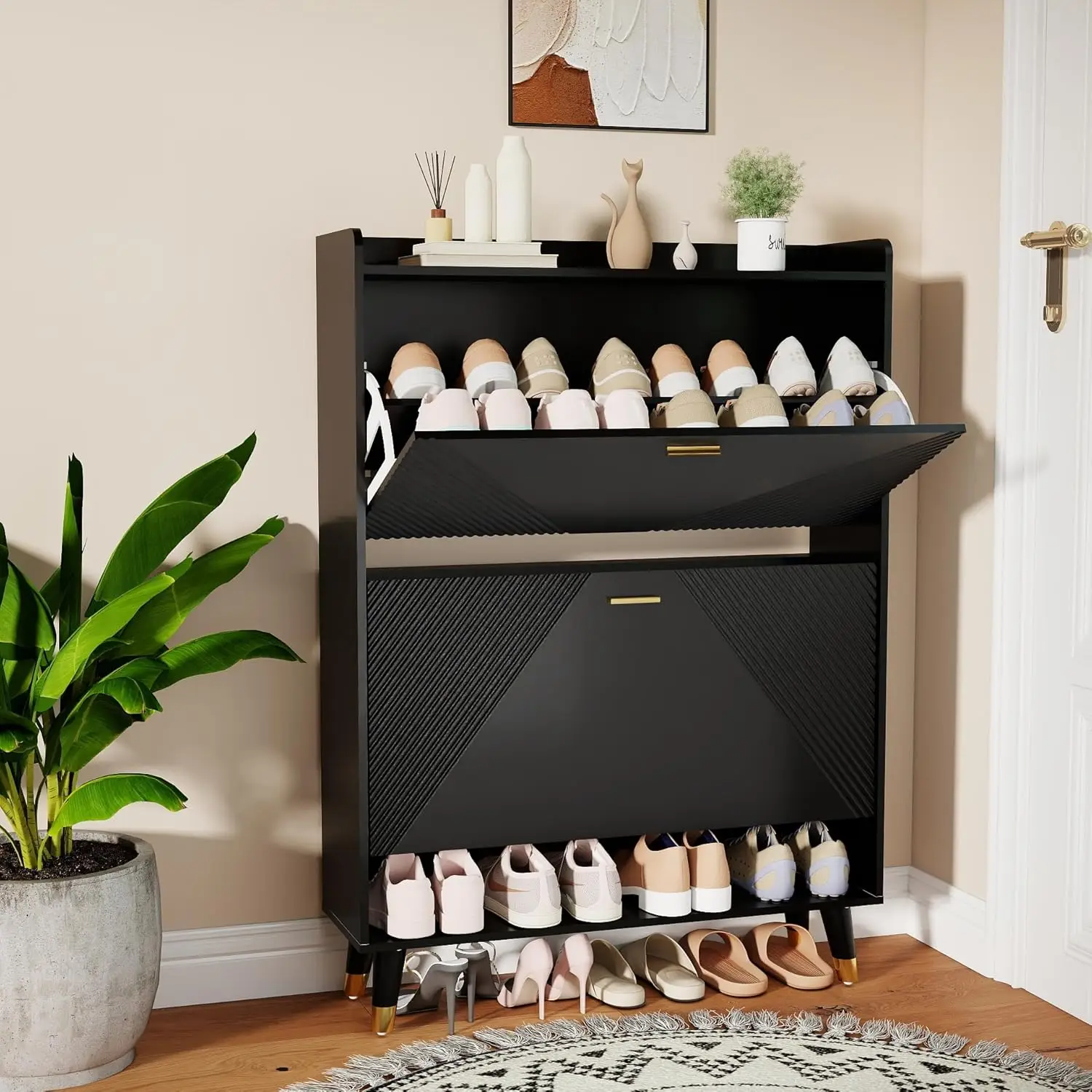 

Shoe Cabinet Storage for Entryway: 32" Black Shoe Organizer Cabinet with 2 Flip Drawers, Hidden Shoes Rack (2 Drawers)