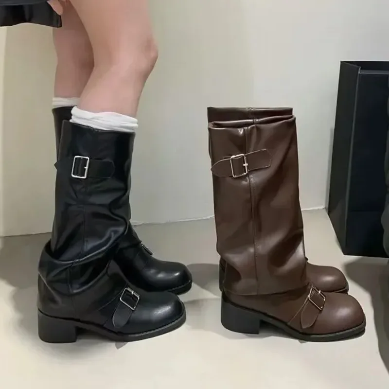 

2025 Women's Motorcycle Boots PU Leather Knee High Boots Women Platform Chunky Heels Boots Punk Gothic New Rock Shoes