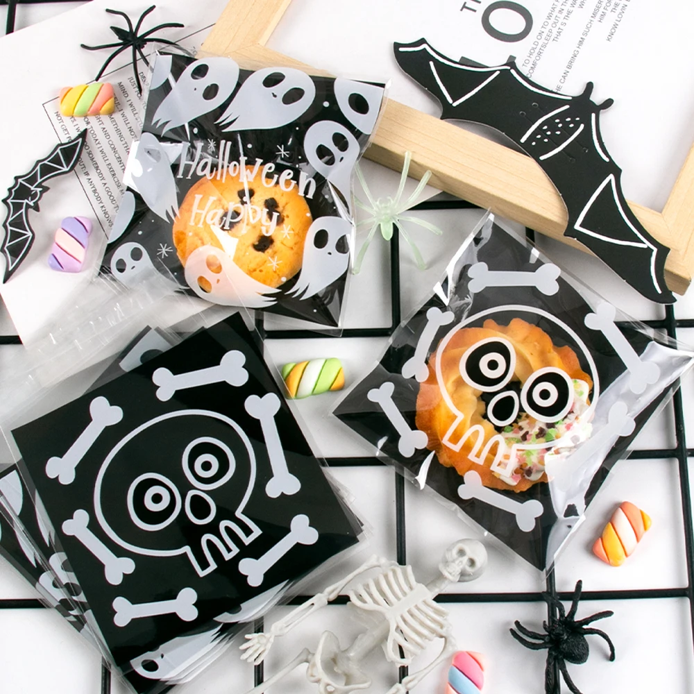 100 stücke Cartoon schädel Geist Halloween Cookie Süßigkeiten Selbst-klebe Verpackung Tasche Leckereien Snacks Lagerung Taschen Halloween Party Gefälligkeiten