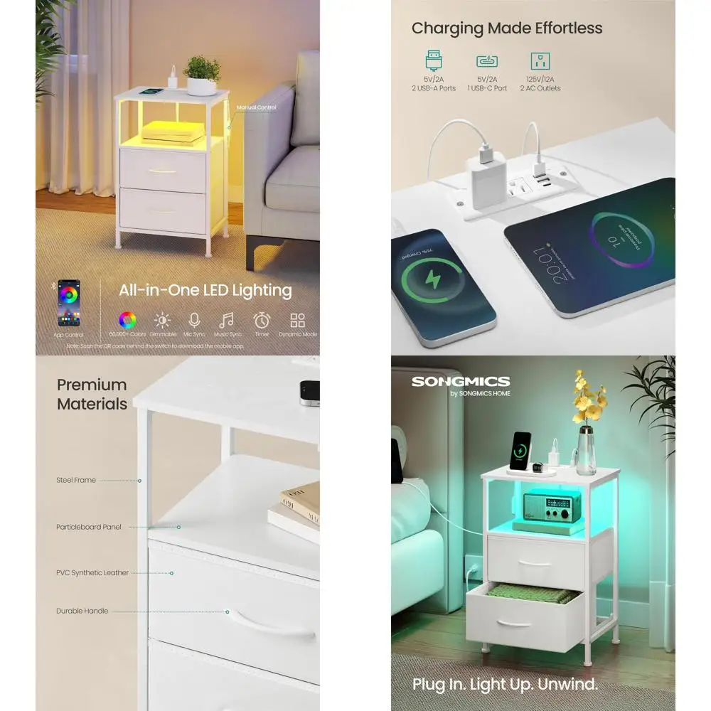 

Умная прикроватная тумбочка со светодиодной подсветкой, зарядной станцией, 2 ящиками и полкой, цвет «облачный белый», мебель для спальни US302WH01S