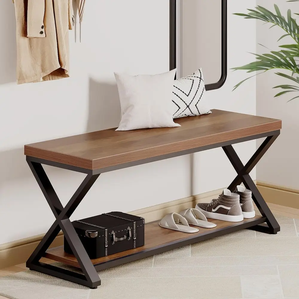 Banco de Entrada Estilo Industrial em Carvalho com Armazenamento para Sapatos, 39 Polegadas de Comprimento para Hall de Entrada