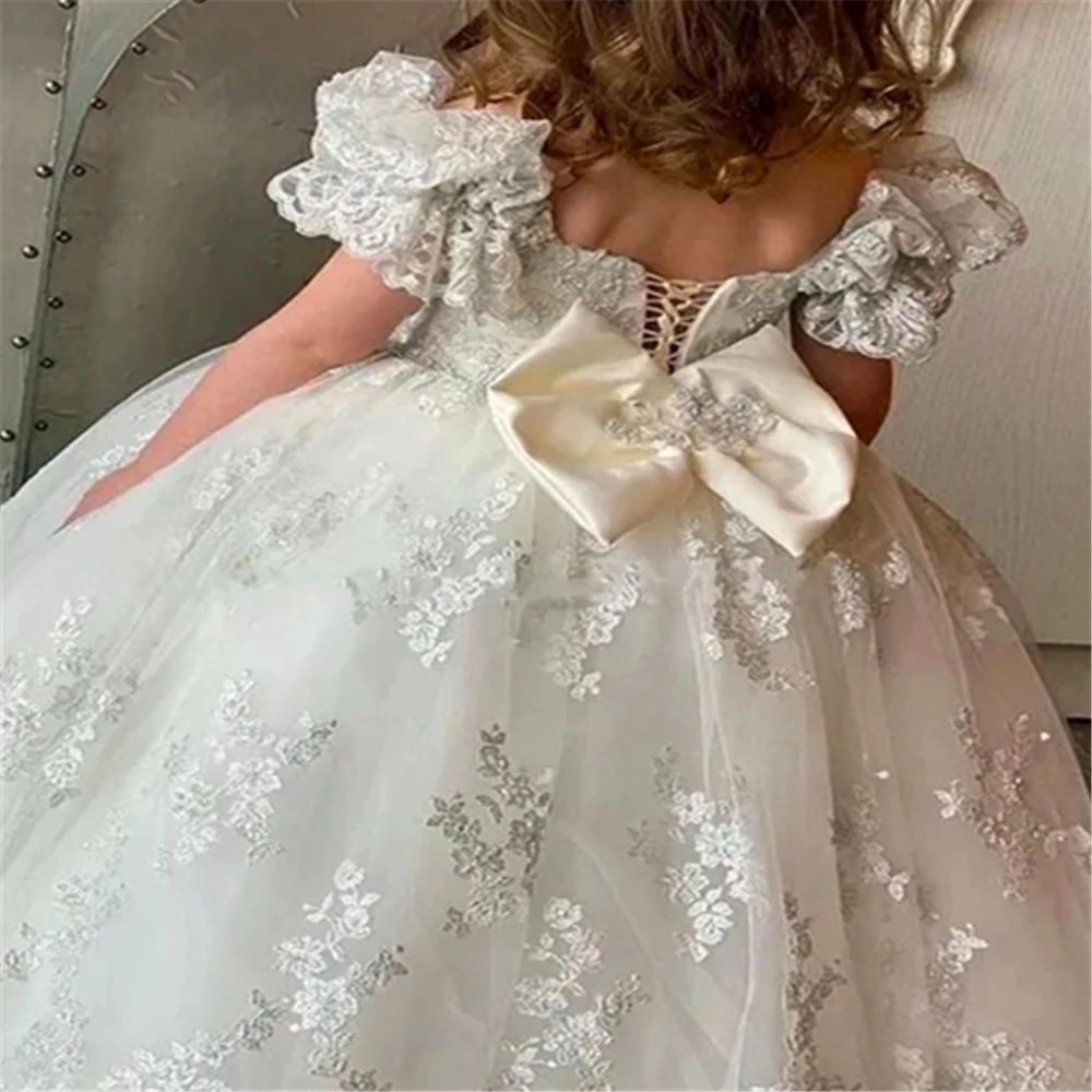 First Communion Dresses Surprise Birthday Present Gorgeous Short-sleeved Tulle Lace Printing Flower Girl Dress Princess Ball