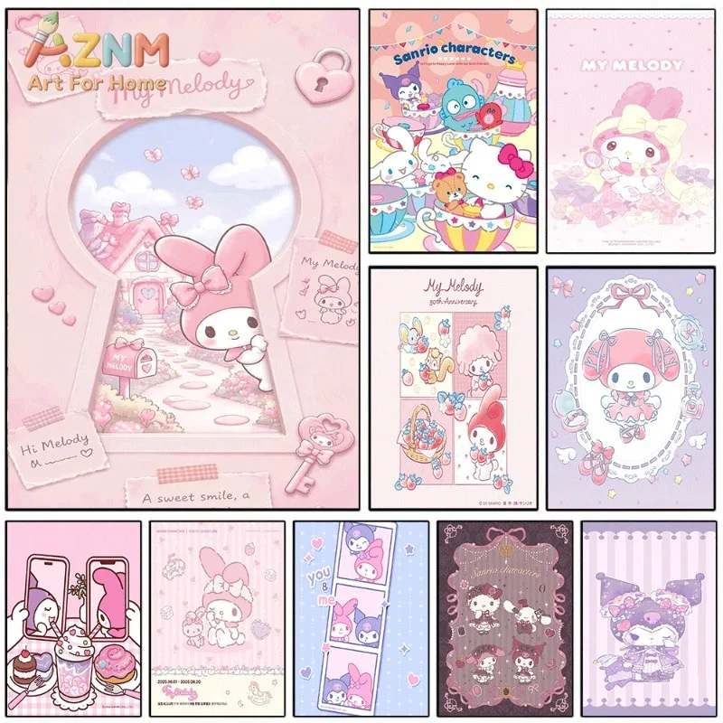 Kuromi My Melody Canvas Poster Cute Sanrio Cartoon Print Unframed Canvas Art Purple Floral Butterfly Plaid Sweet Kawaii Aestheti