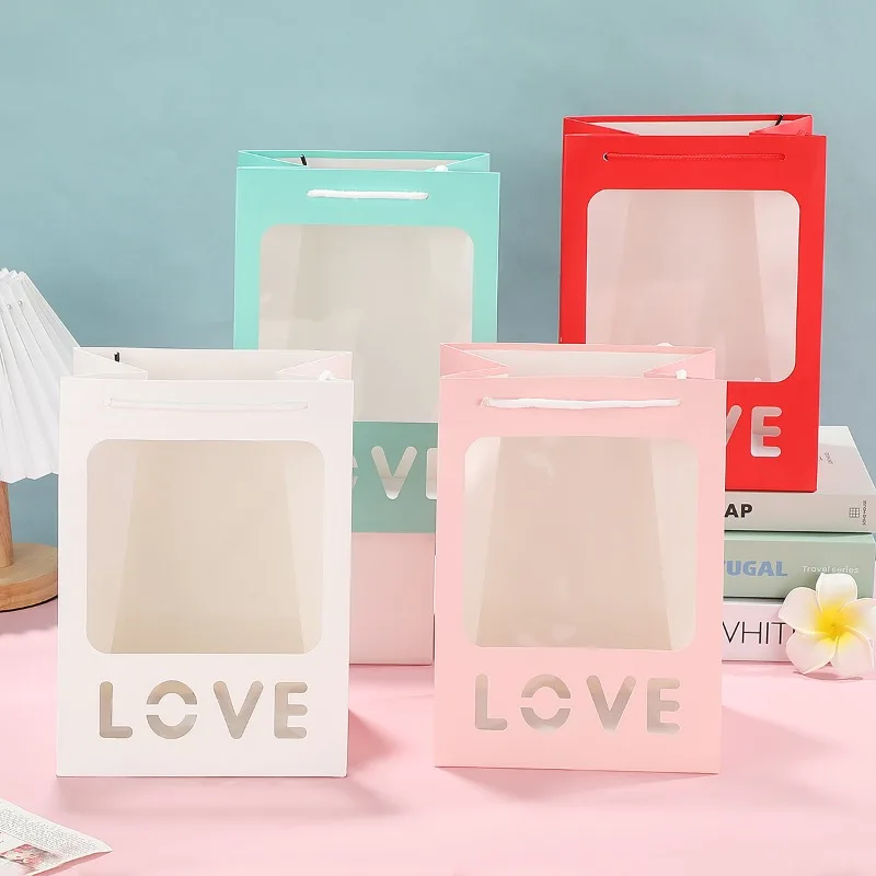 

12pcs Valentine's Day Gift Bags with Window Transparent Tote Bags Party Birthday Flower Packaging Bags Valentine's Day Packaging