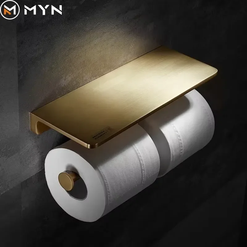 Gold Finished Solid Brass Toilet Paper Holder with Mobile Phone Storage Shelf Premium Hotel Style Bathroom Tissue Roll Stand