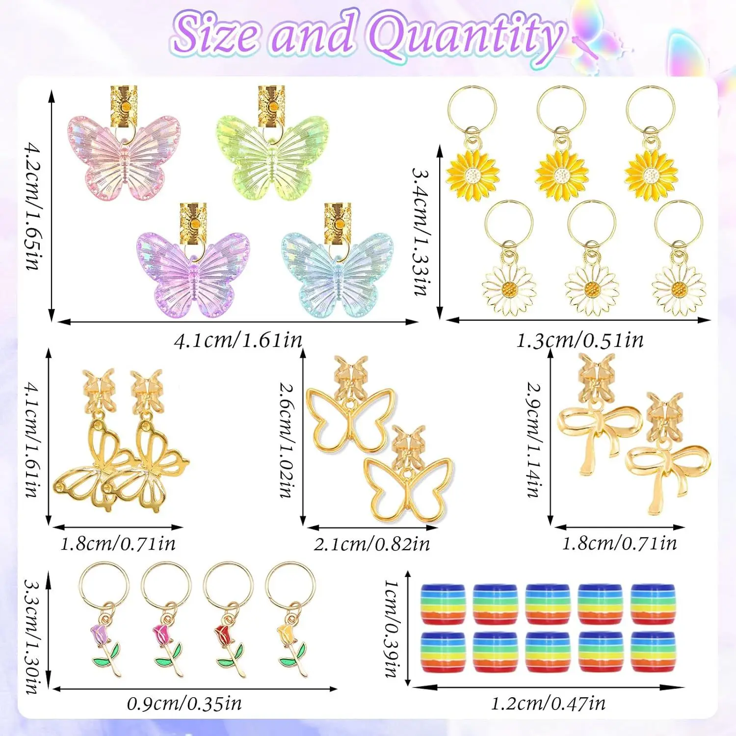 30 ピース/バッグカラフルな蝶ペンダントヘアリングセット - マカロン色のかつらドレッドヘアアクセサリーデイジーフラワーペンダント付き