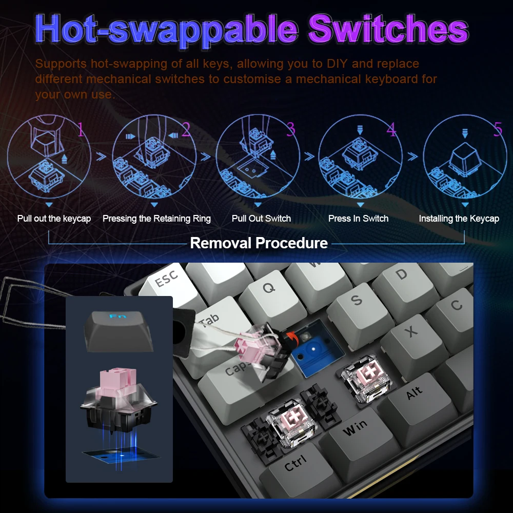 E-YOOSO Hz-68 RGB USB Mini teclado mecánico para jugar con cable 8K RT interruptor magnético 68 teclas para ordenador PC portátil cable desmontable