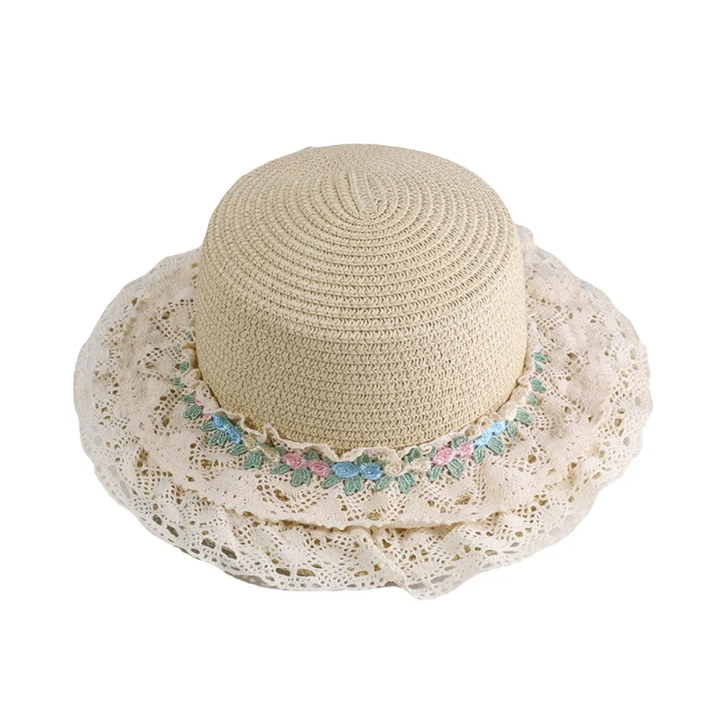 

Elegant Japanese Style Lace Floral Brim Cap Flat Top Lolita Sunscreen Hat Wide Brim Sweet Women's Sun Hat Travel