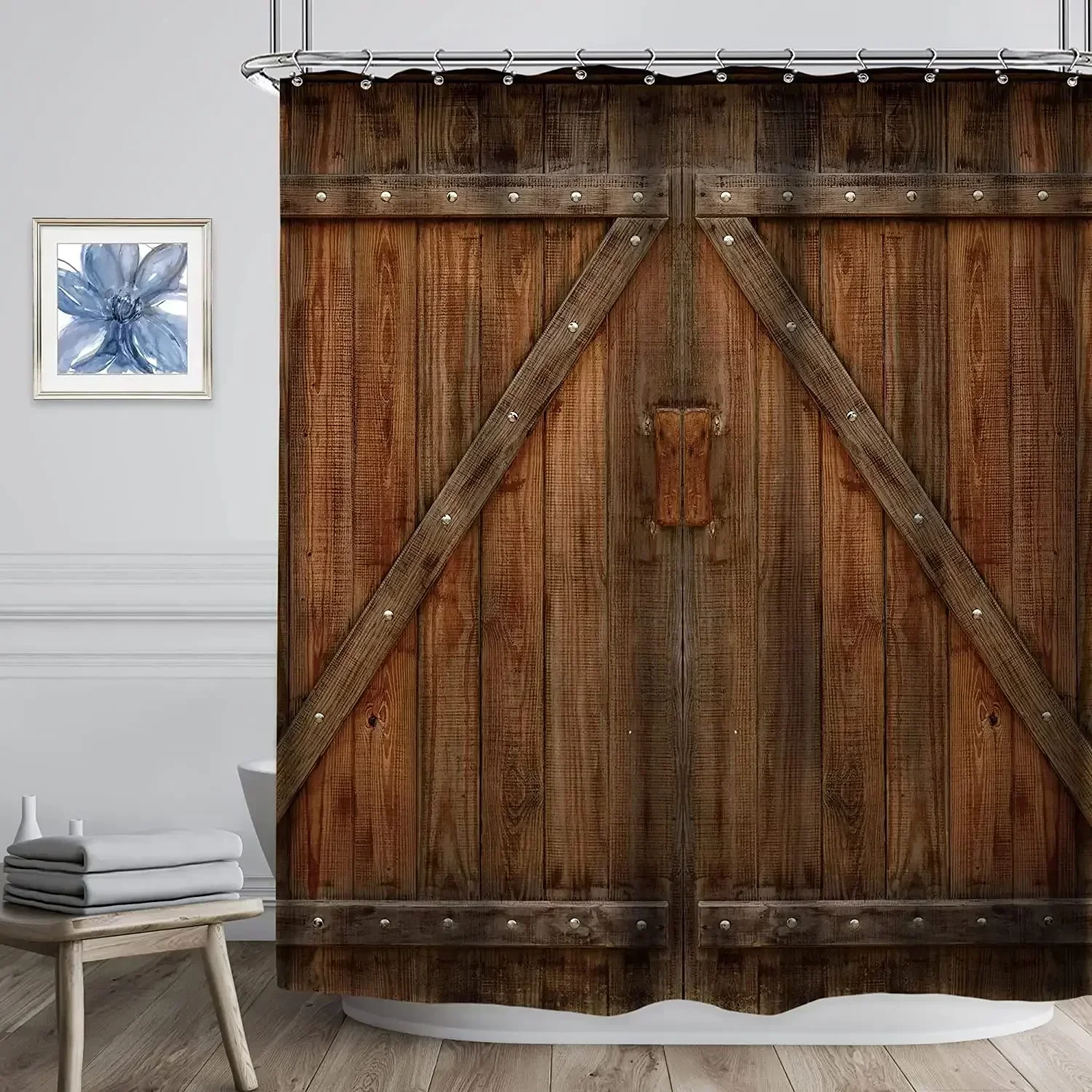 

Farmhouse Shower Curtain Set Rustic Shower Curtain for Bathroom Barn Door Wood Farm Bath Curtains Country Wooden Bathroom Decor