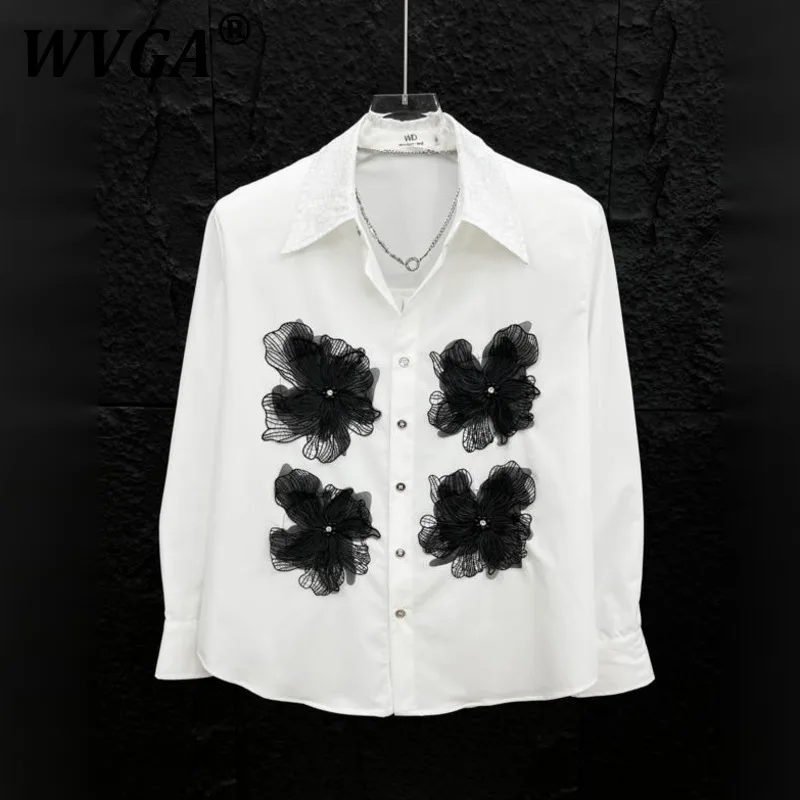 

WVGA Spring Autumn New High Street High-end Printed Patchwork 3D Flower Men's Long Sleeve Shirts Niche Trendy Casual Tops W9249