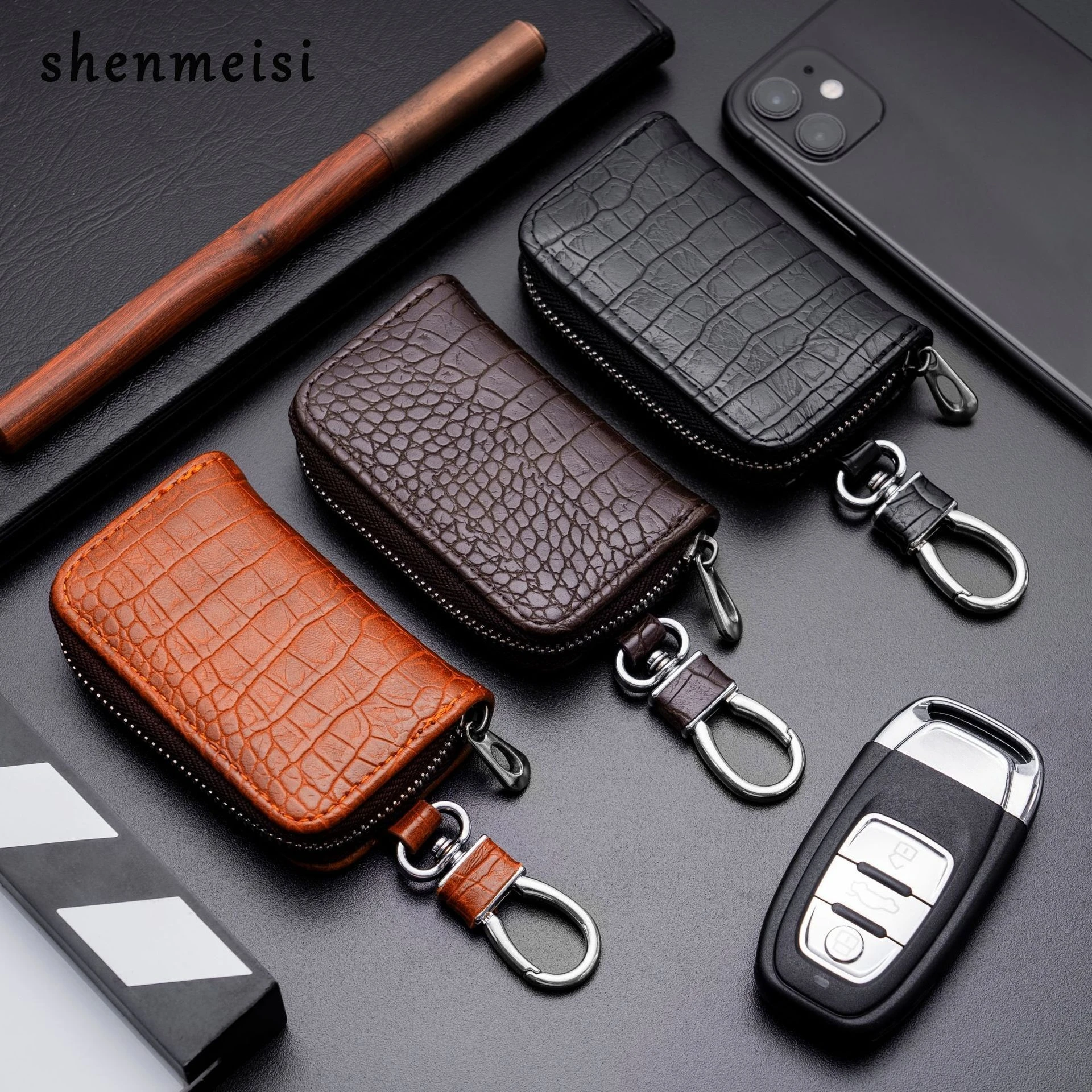 Men Business Car Key Pouch with Keychain Pu Leather Crocodile Pattern Zipper Car Key Holder Key Organizer Car Supplies