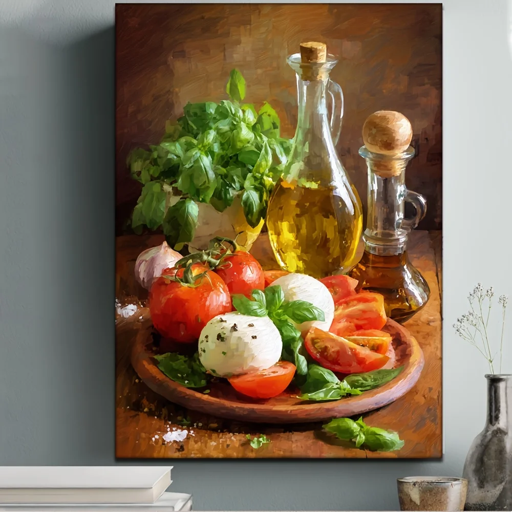 1pc Italian Kitchen Oil Painting Framed Wall Art - Vibrant Tomato Mozzarella Basil Food Print, Mediterranean Dining Decor, Fr
