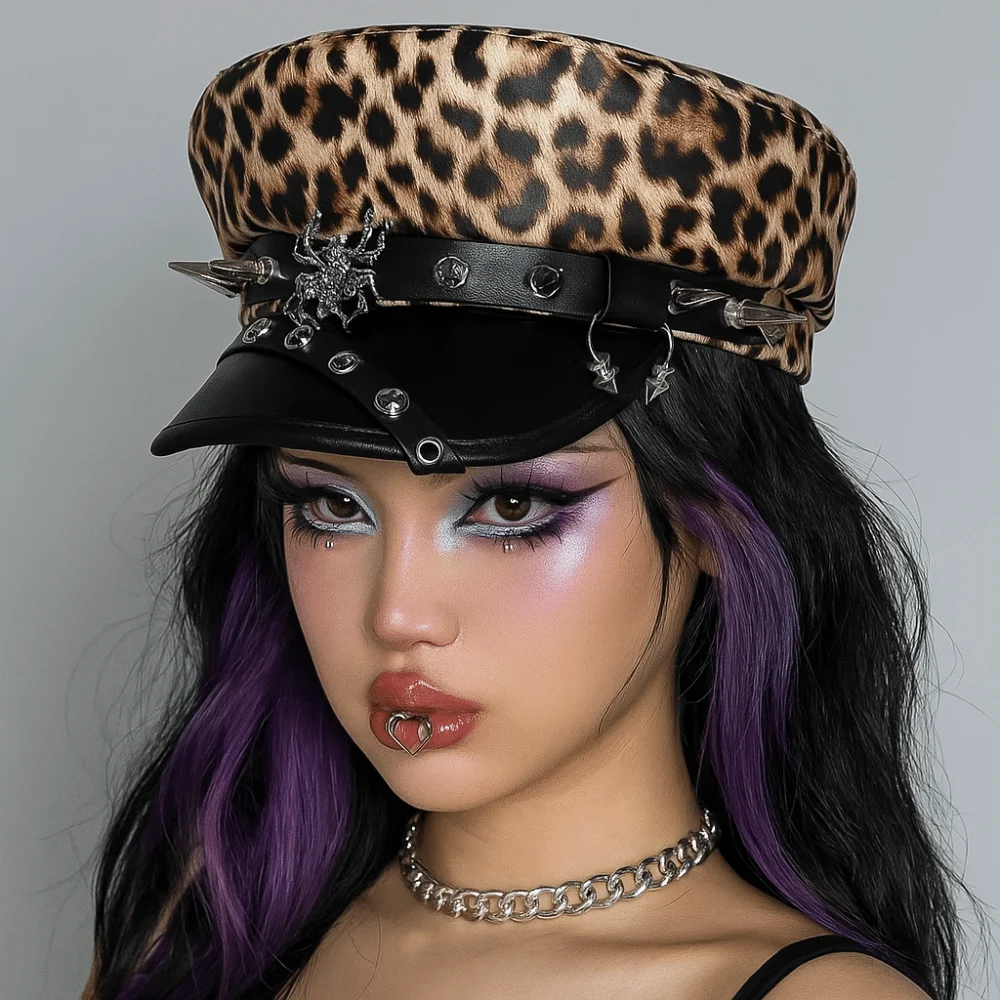 

Fashion Hip-hop Rivet Leopard Hat Punk Harajuku Y2k Beret Hat Black Pu Leather Flat Top Cap for Women