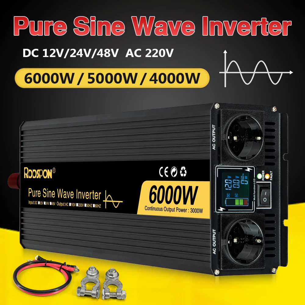 RDDSPON Pure Sine Wave Inverter 4000W 5000W 6000W Double EU Socket DC 12V 24V 48V To AC 220V Voltage Converter Inverter