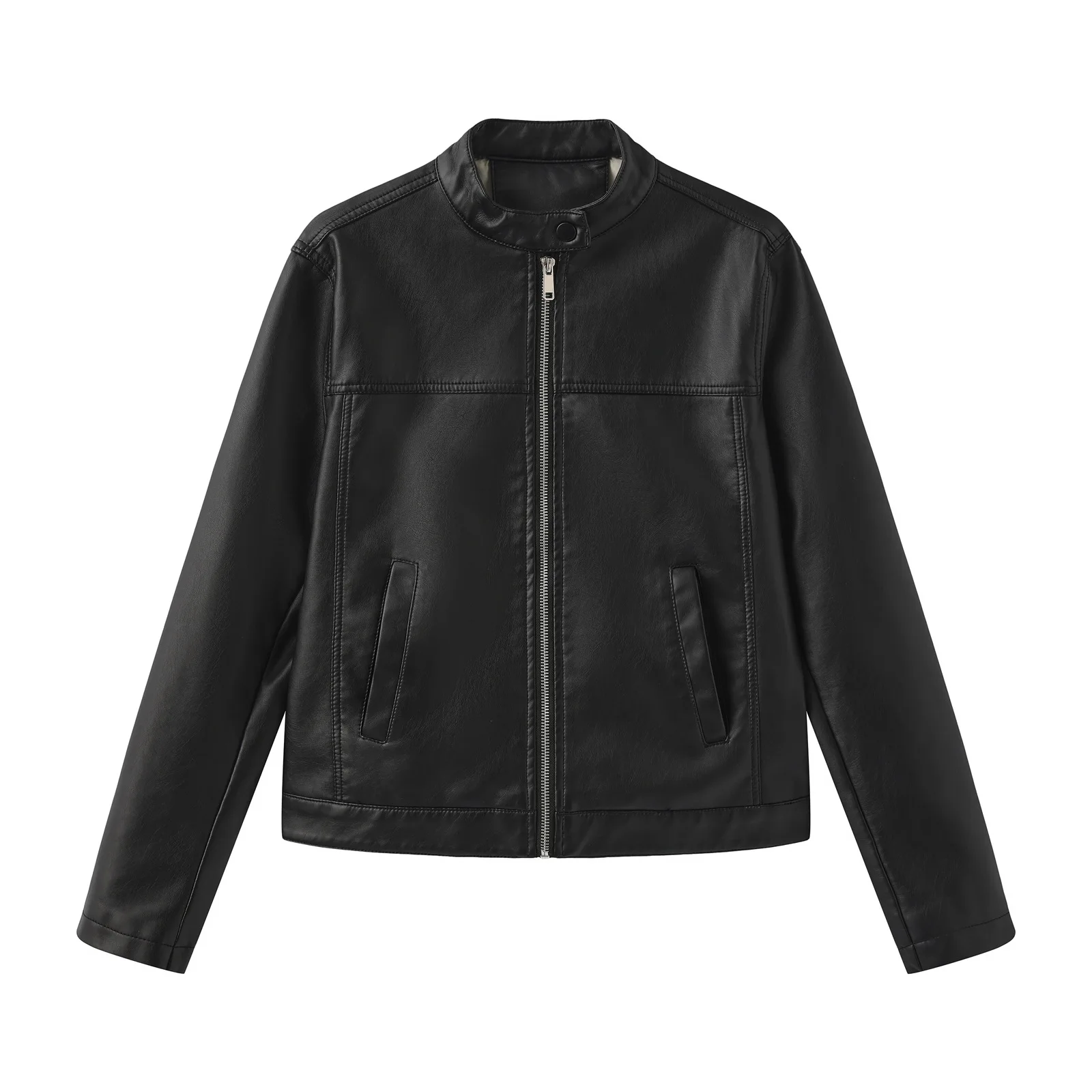 Spring and Autumn casual leather jacket, women's fashionable street standing collar zipper jacket, motorcycle suit, black jacket