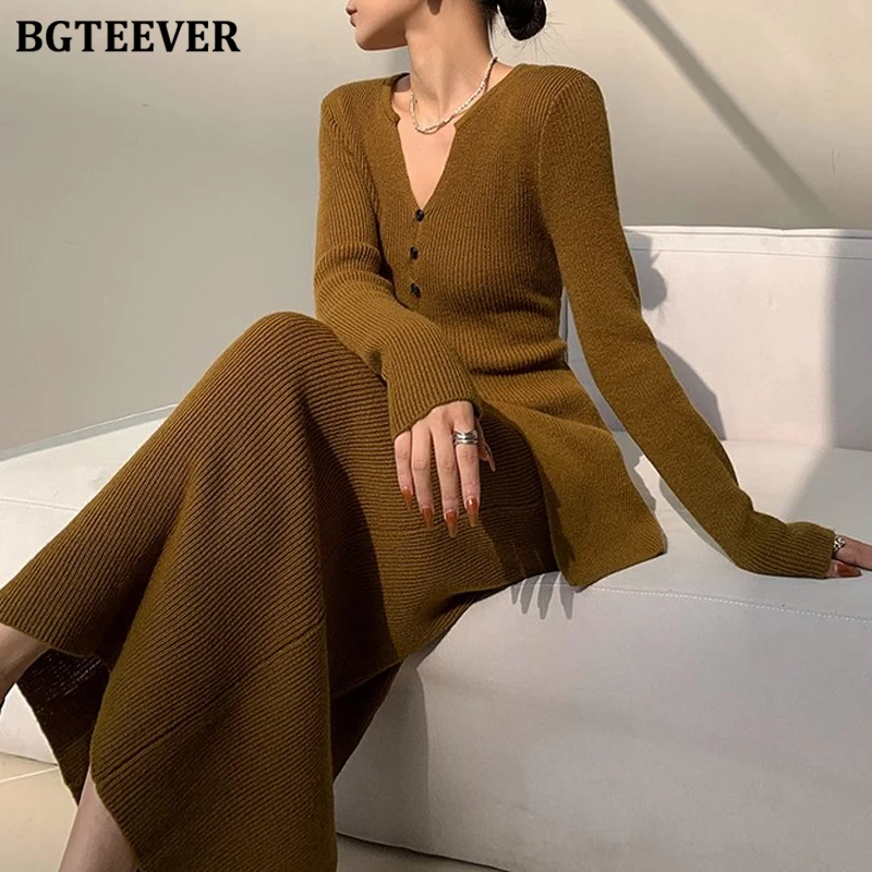 BGTEEVER Autumn Winter Vintage Slim Ladies Skirt Set V-neck Single-breasted Cardigans Sweaters Women Package Hip Skirts